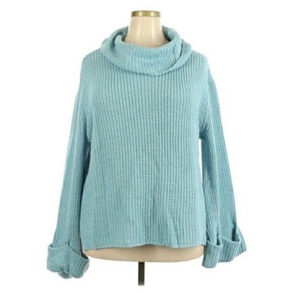 Lane Bryant Cable Knit Draped Cowl Cuffed Bell Sleeve Turquoise Sweater Sz 18/20 - Picture 4 of 13